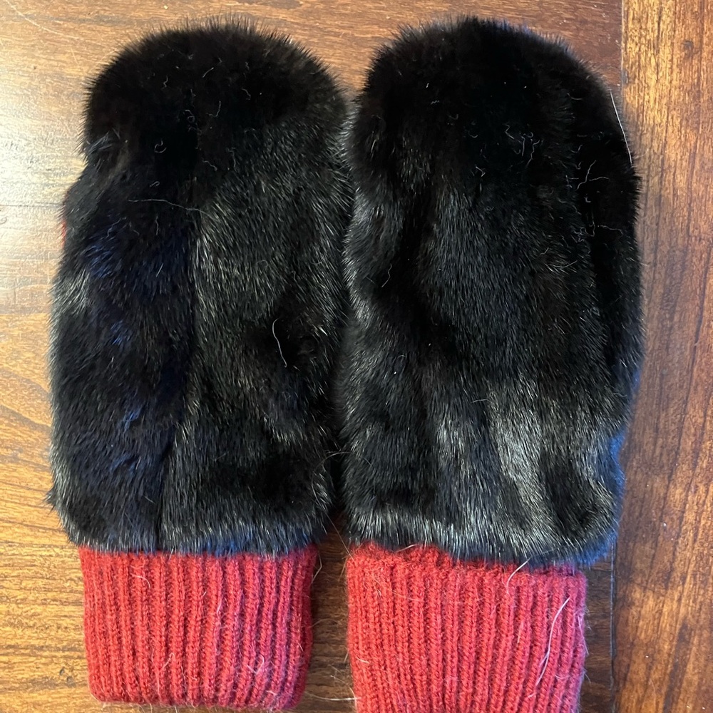 Real Mink Black Fur Mittens with Red Knit Cuffs